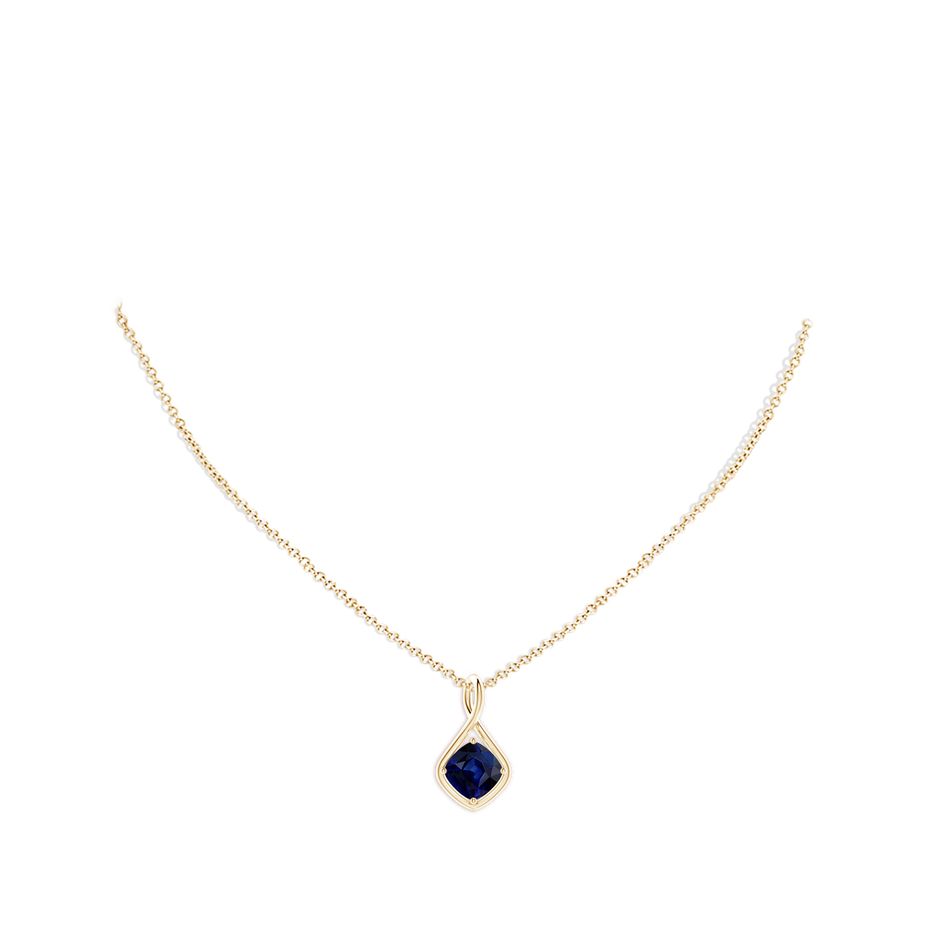 8mm AAA Solitaire Cushion Blue Sapphire Twist Bale Pendant in Yellow Gold pen