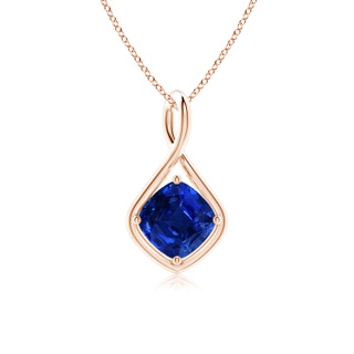 8mm AAAA Solitaire Cushion Blue Sapphire Twist Bale Pendant in 9K Rose Gold