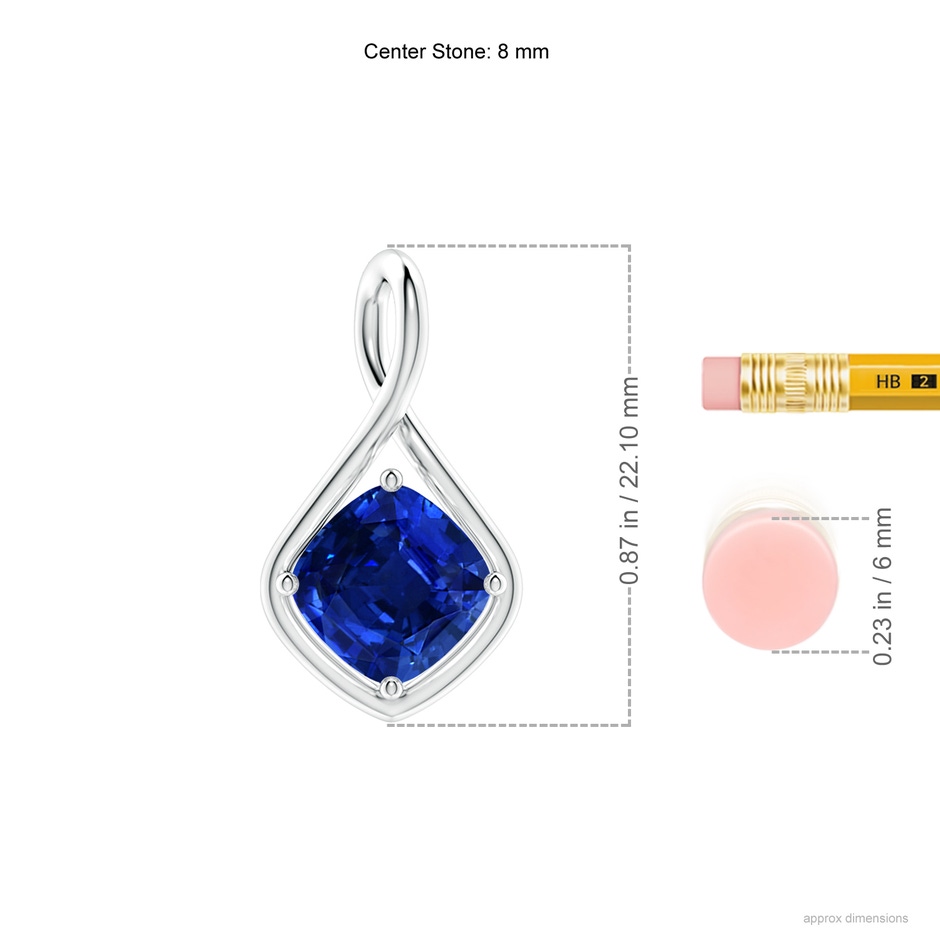 8mm AAAA Solitaire Cushion Blue Sapphire Twist Bale Pendant in P950 Platinum ruler
