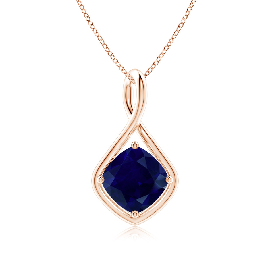 9mm AA Solitaire Cushion Blue Sapphire Twist Bale Pendant in Rose Gold 