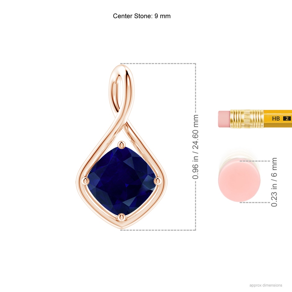 9mm AA Solitaire Cushion Blue Sapphire Twist Bale Pendant in Rose Gold ruler