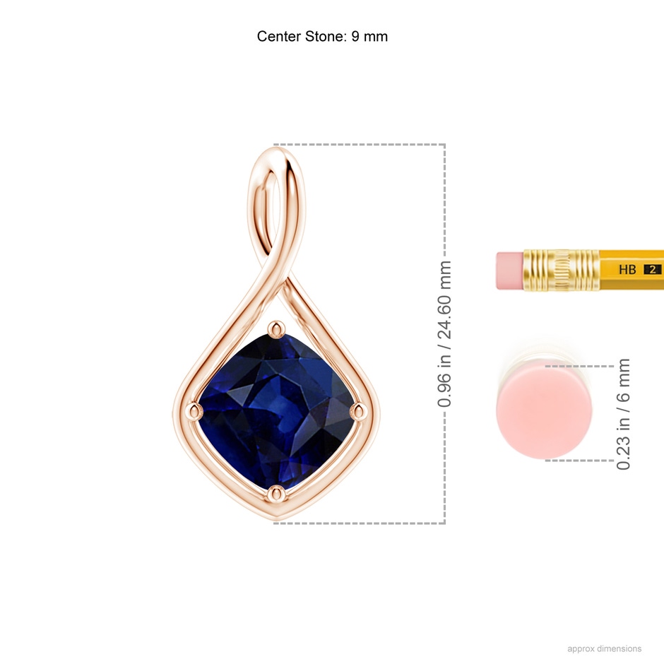 9mm AAA Solitaire Cushion Blue Sapphire Twist Bale Pendant in Rose Gold ruler