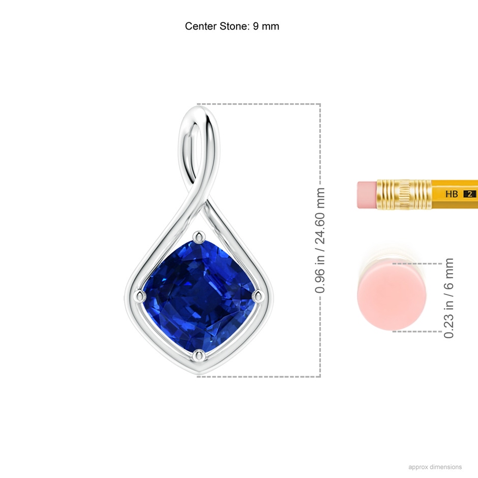 9mm AAAA Solitaire Cushion Blue Sapphire Twist Bale Pendant in P950 Platinum ruler