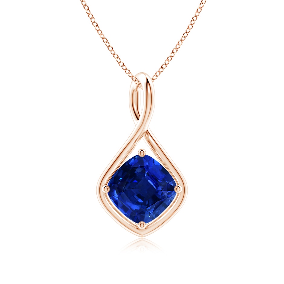 9mm AAAA Solitaire Cushion Blue Sapphire Twist Bale Pendant in Rose Gold 