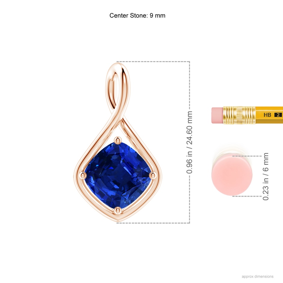 9mm AAAA Solitaire Cushion Blue Sapphire Twist Bale Pendant in Rose Gold ruler