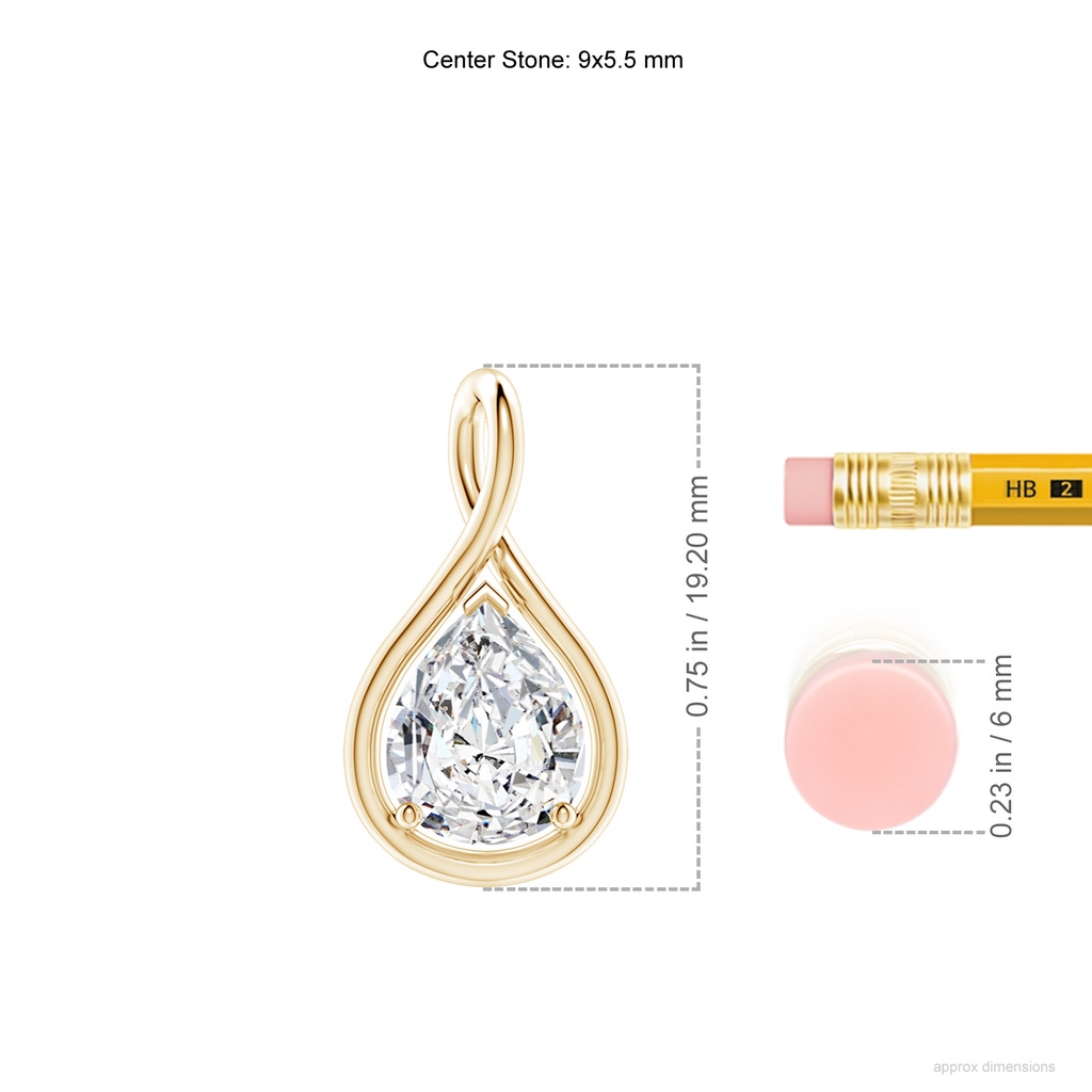 9x5.5mm HSI2 Solitaire Pear Diamond Twist Bale Pendant in Yellow Gold ruler