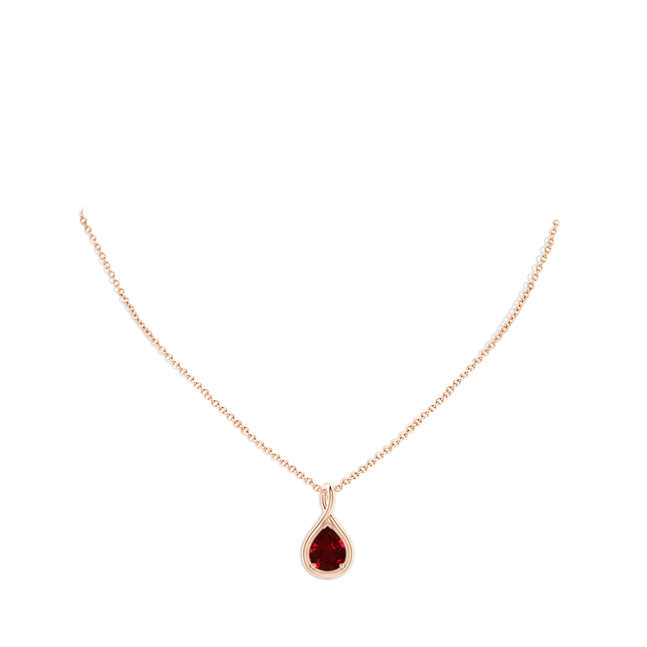 10x8mm AAAA Solitaire Pear Ruby Twist Bale Pendant in Rose Gold pen