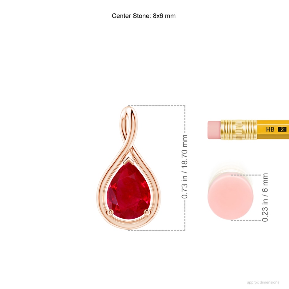 8x6mm AAA Solitaire Pear Ruby Twist Bale Pendant in Rose Gold ruler