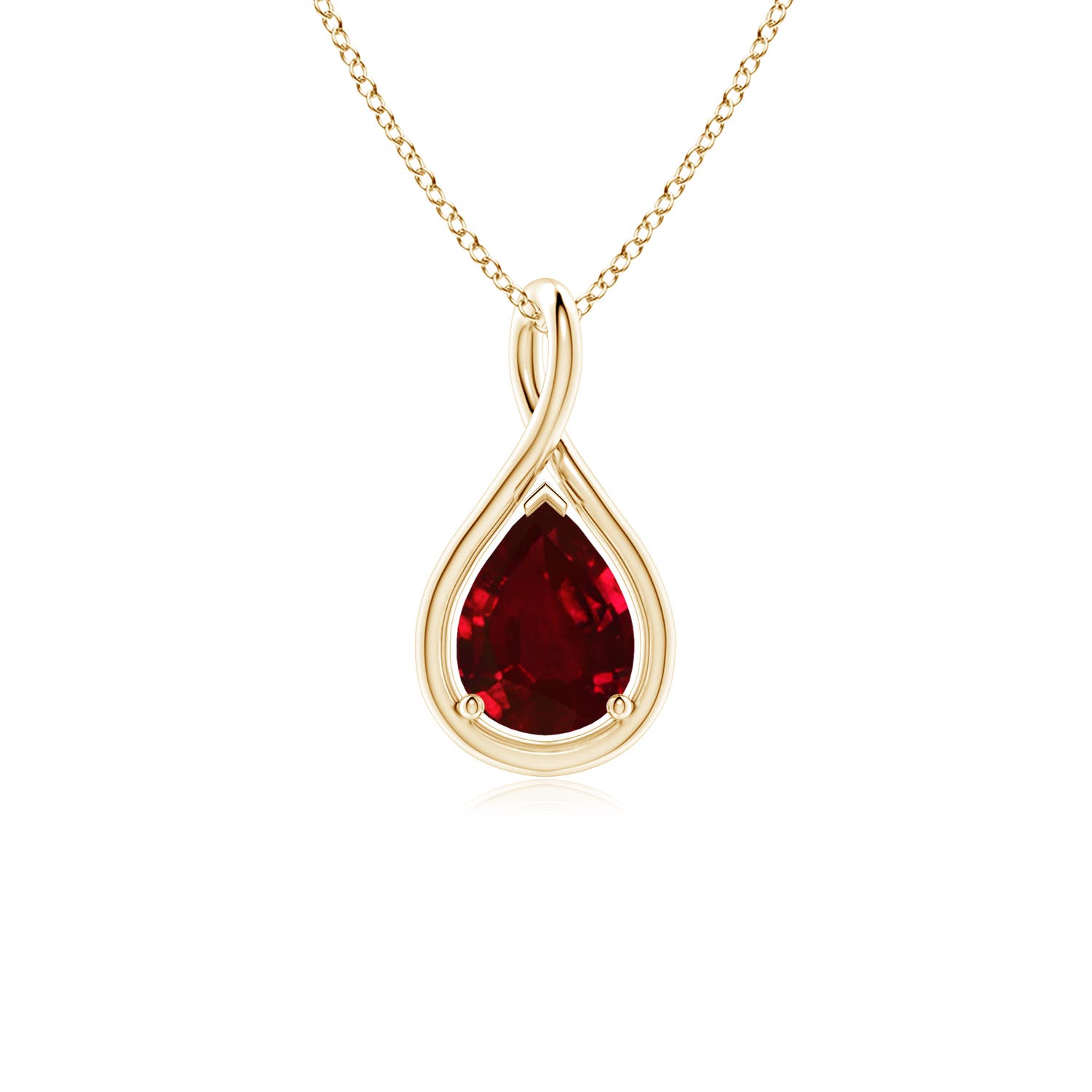 8x6mm AAAA Solitaire Pear Ruby Twist Bale Pendant in Yellow Gold