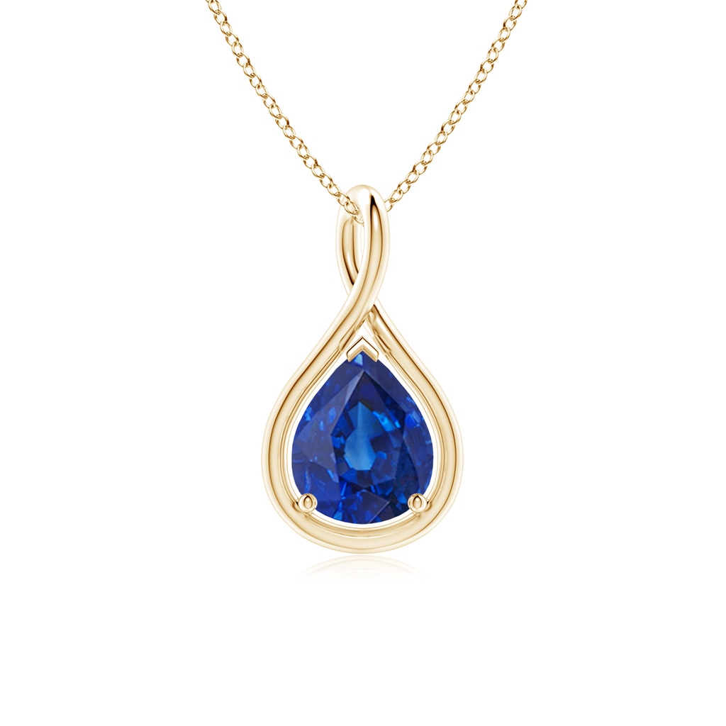 9x7mm AAA Solitaire Pear Blue Sapphire Twist Bale Pendant in Yellow Gold