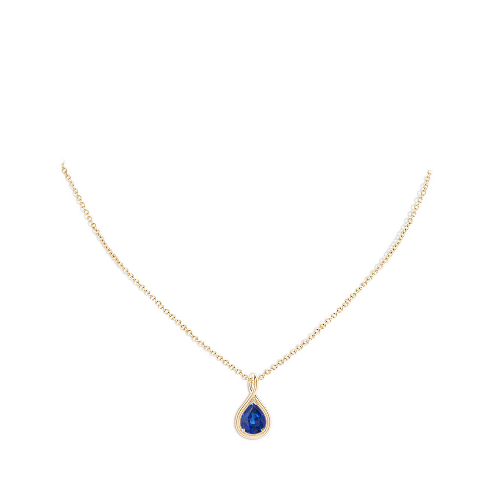 9x7mm AAA Solitaire Pear Blue Sapphire Twist Bale Pendant in Yellow Gold pen