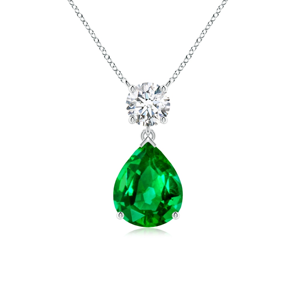 10x8mm AAAA Solitaire Pear Emerald Drop Pendant with Diamond Accent in P950 Platinum