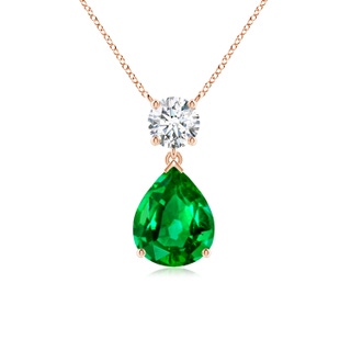 10x8mm AAAA Solitaire Pear Emerald Drop Pendant with Diamond Accent in Rose Gold