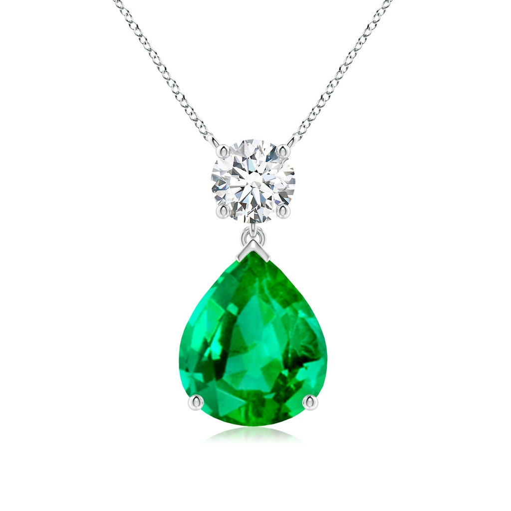 12x10mm AAA Solitaire Pear Emerald Drop Pendant with Diamond Accent in White Gold