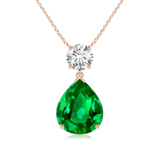 12x10mm AAAA Solitaire Pear Emerald Drop Pendant with Diamond Accent in Rose Gold