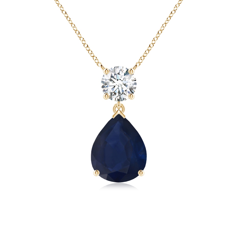 10x8mm A Solitaire Pear Blue Sapphire Drop Pendant with Diamond Accent in Yellow Gold 