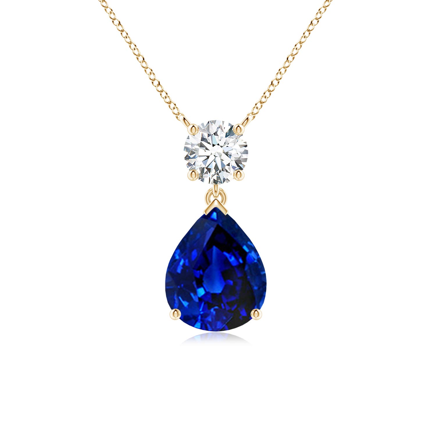 10x8mm AAAA Solitaire Pear Blue Sapphire Drop Pendant with Diamond Accent in 18K Yellow Gold