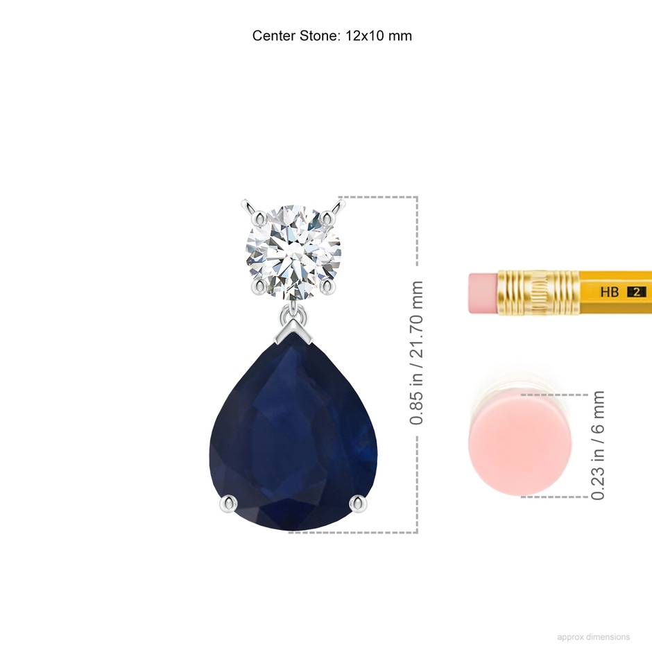 12x10mm A Solitaire Pear Blue Sapphire Drop Pendant with Diamond Accent in P950 Platinum ruler