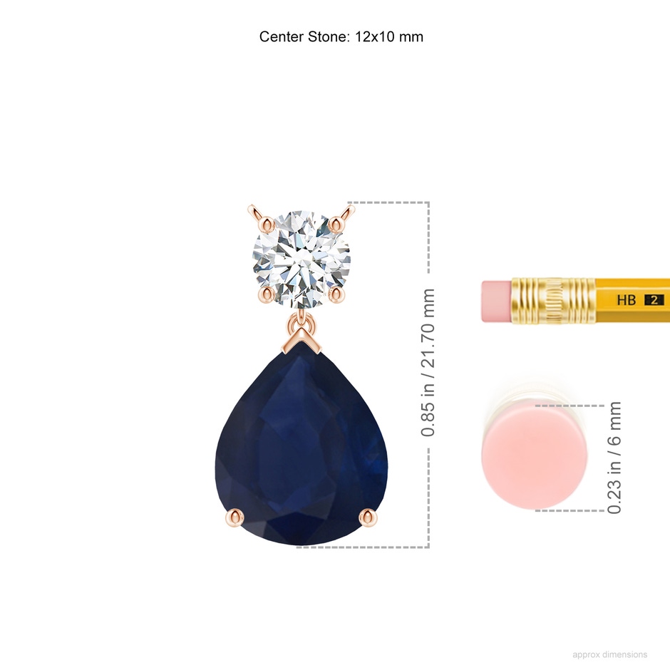 12x10mm A Solitaire Pear Blue Sapphire Drop Pendant with Diamond Accent in Rose Gold ruler