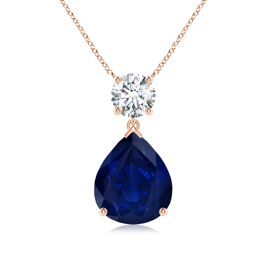 12x10mm AA Solitaire Pear Blue Sapphire Drop Pendant with Diamond Accent in Rose Gold 