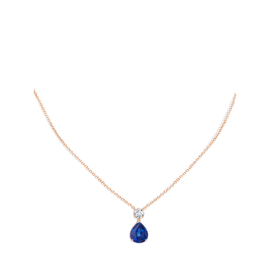 12x10mm AAA Solitaire Pear Blue Sapphire Drop Pendant with Diamond Accent in Rose Gold pen