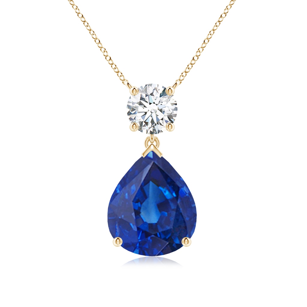 12x10mm AAA Solitaire Pear Blue Sapphire Drop Pendant with Diamond Accent in Yellow Gold
