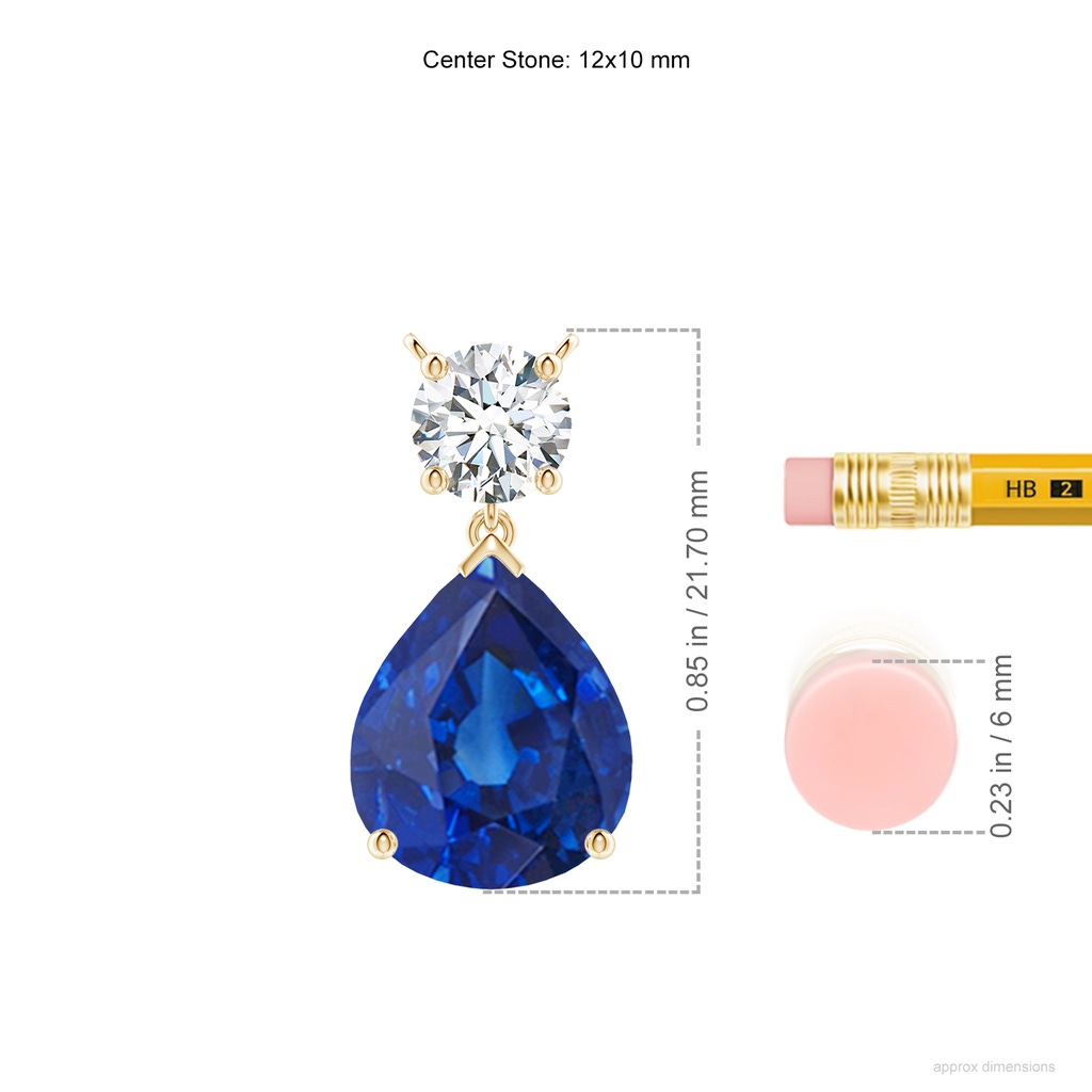 12x10mm AAA Solitaire Pear Blue Sapphire Drop Pendant with Diamond Accent in Yellow Gold ruler