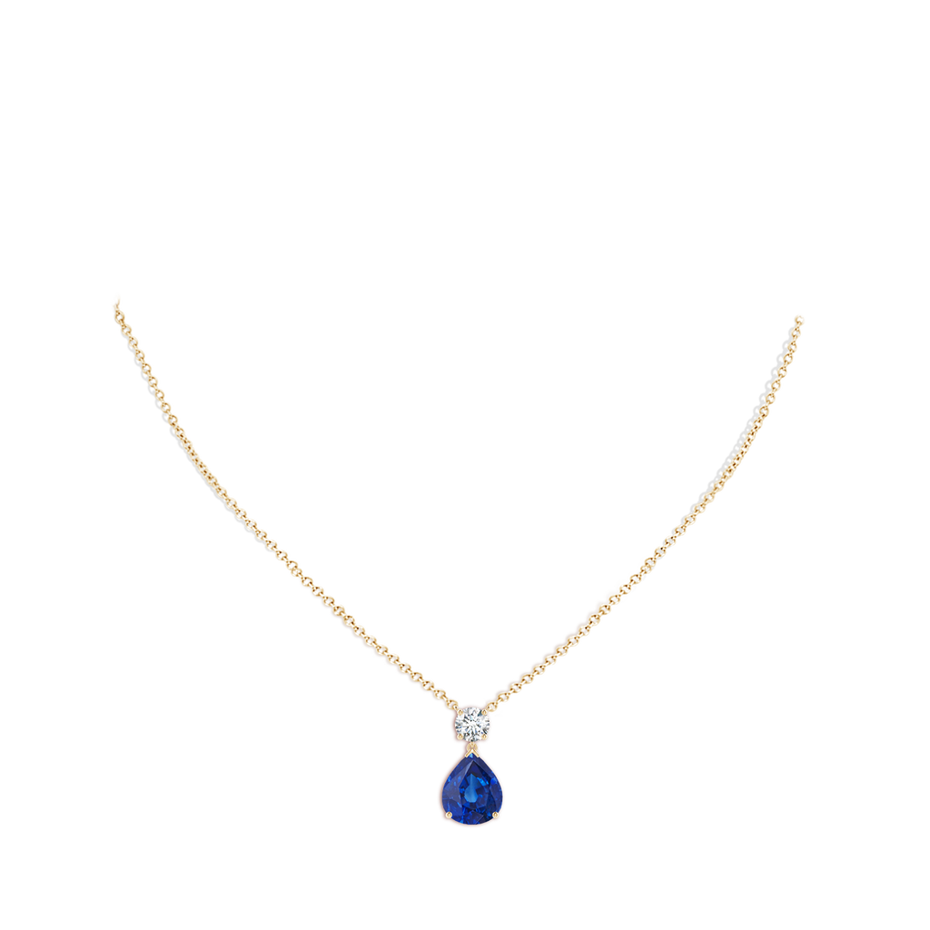 12x10mm AAA Solitaire Pear Blue Sapphire Drop Pendant with Diamond Accent in Yellow Gold pen