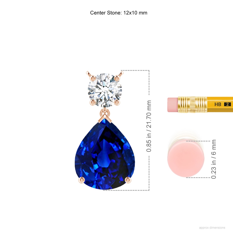12x10mm AAAA Solitaire Pear Blue Sapphire Drop Pendant with Diamond Accent in Rose Gold ruler