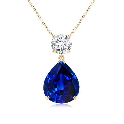 12x10mm AAAA Solitaire Pear Blue Sapphire Drop Pendant with Diamond Accent in Yellow Gold