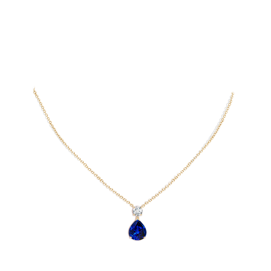 12x10mm AAAA Solitaire Pear Blue Sapphire Drop Pendant with Diamond Accent in Yellow Gold pen