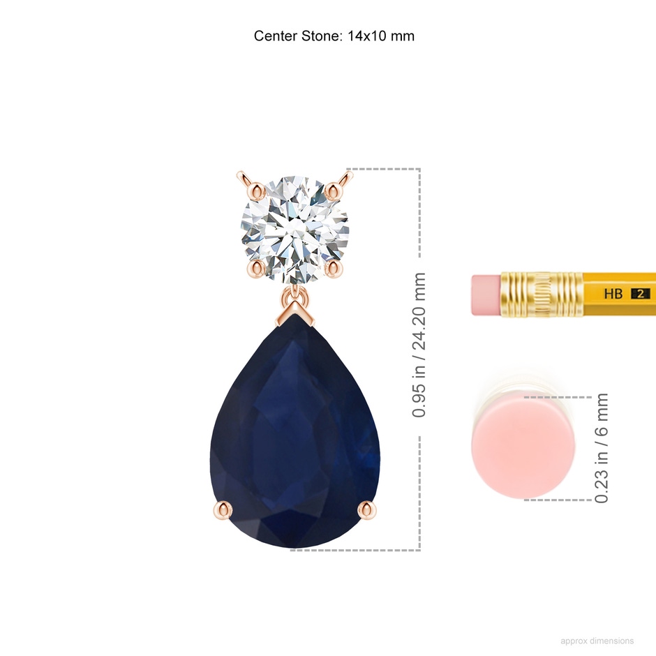 14x10mm A Solitaire Pear Blue Sapphire Drop Pendant with Diamond Accent in Rose Gold ruler