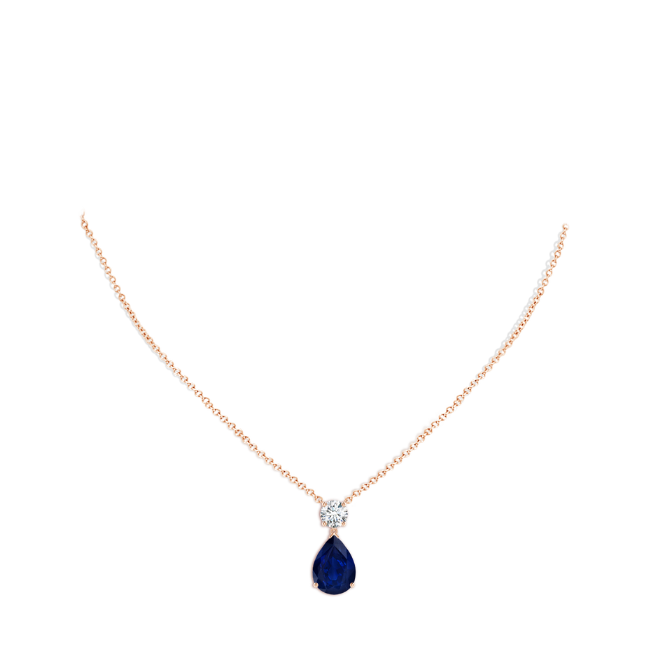 14x10mm AA Solitaire Pear Blue Sapphire Drop Pendant with Diamond Accent in Rose Gold pen