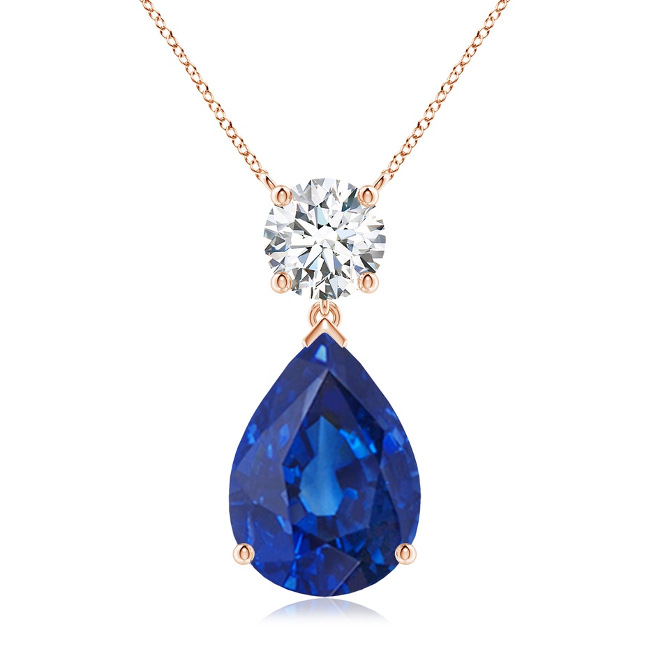 14x10mm AAA Solitaire Pear Blue Sapphire Drop Pendant with Diamond Accent in Rose Gold 