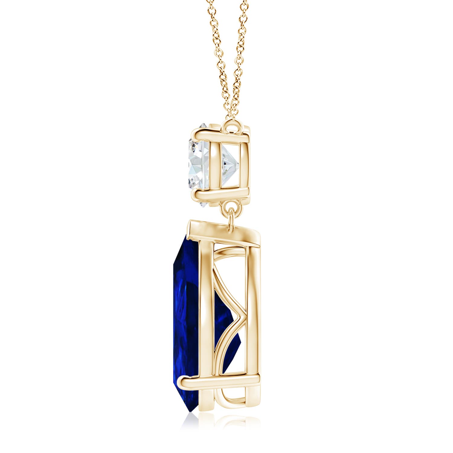 14x10mm AAAA Solitaire Pear Blue Sapphire Drop Pendant with Diamond Accent in 18K Yellow Gold