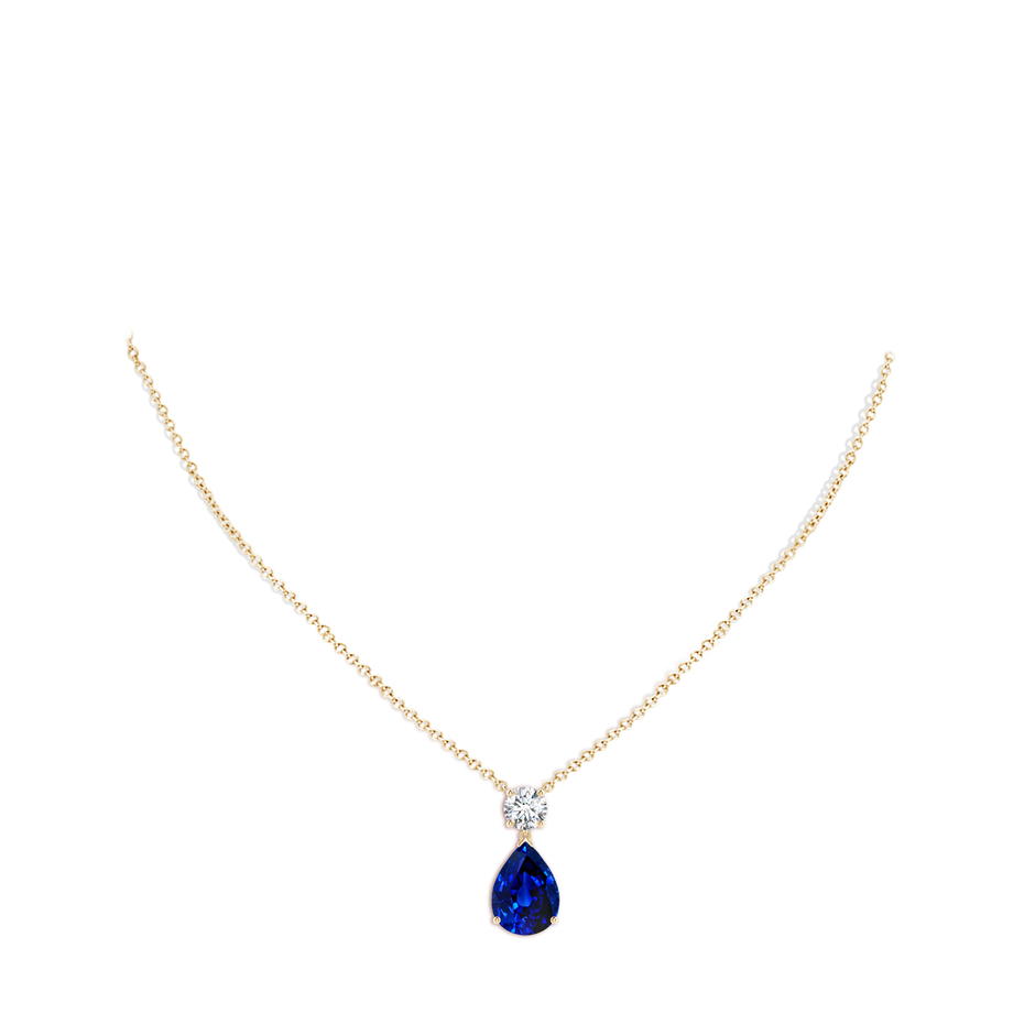 14x10mm AAAA Solitaire Pear Blue Sapphire Drop Pendant with Diamond Accent in Yellow Gold pen