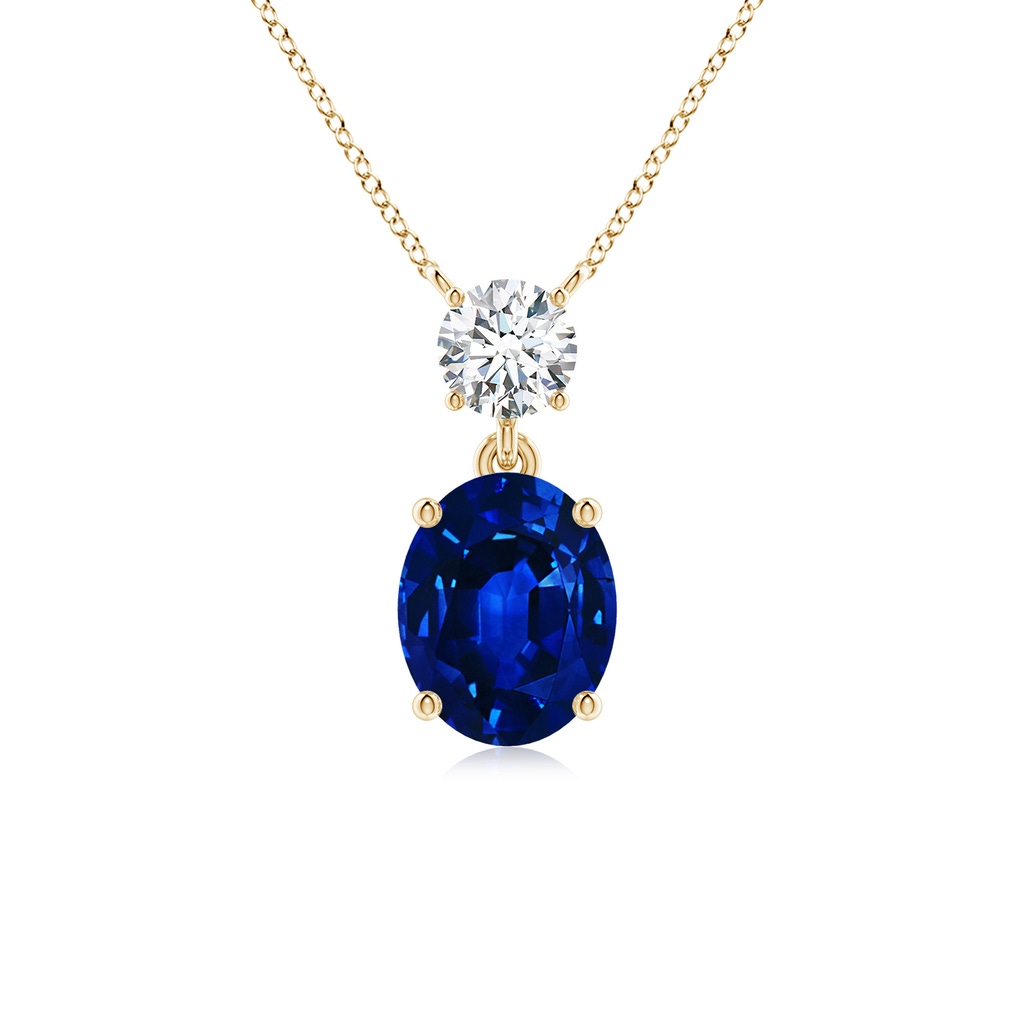 10x8mm Lab-Grown Solitaire Oval Blue Sapphire Drop Pendant with Diamond Accent in Yellow Gold