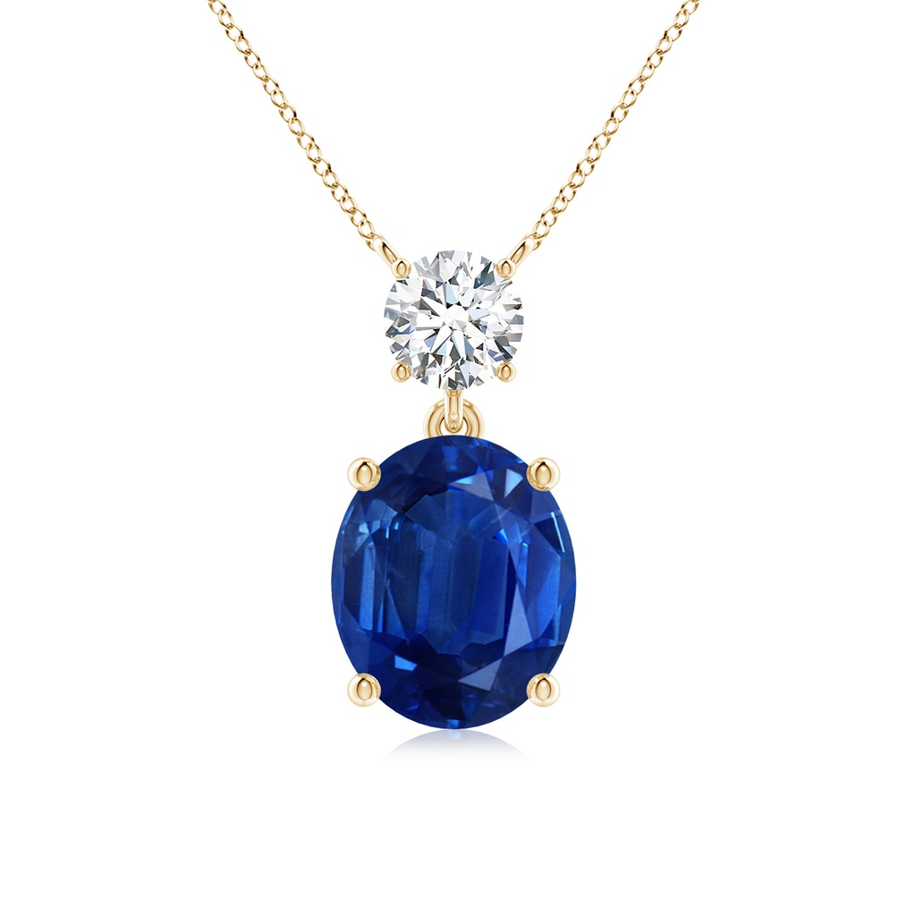 12x10mm AAA Solitaire Oval Blue Sapphire Drop Pendant with Diamond Accent in Yellow Gold
