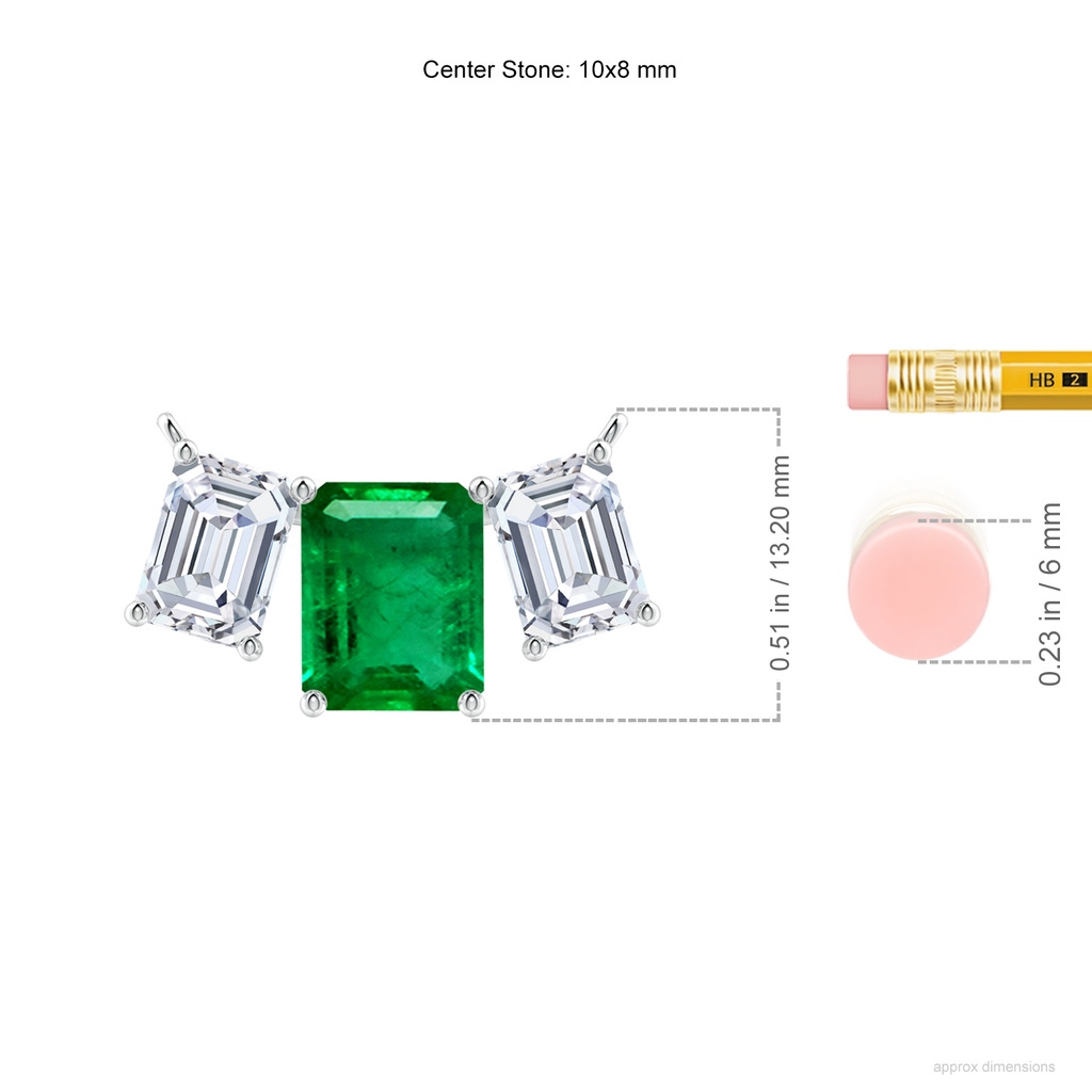 10x8mm AAA Emerald-Cut Emerald Three Stone Pendant in White Gold ruler