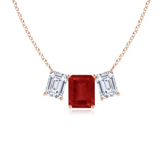 10x8mm AA Emerald-Cut Ruby Three Stone Pendant in 9K Rose Gold