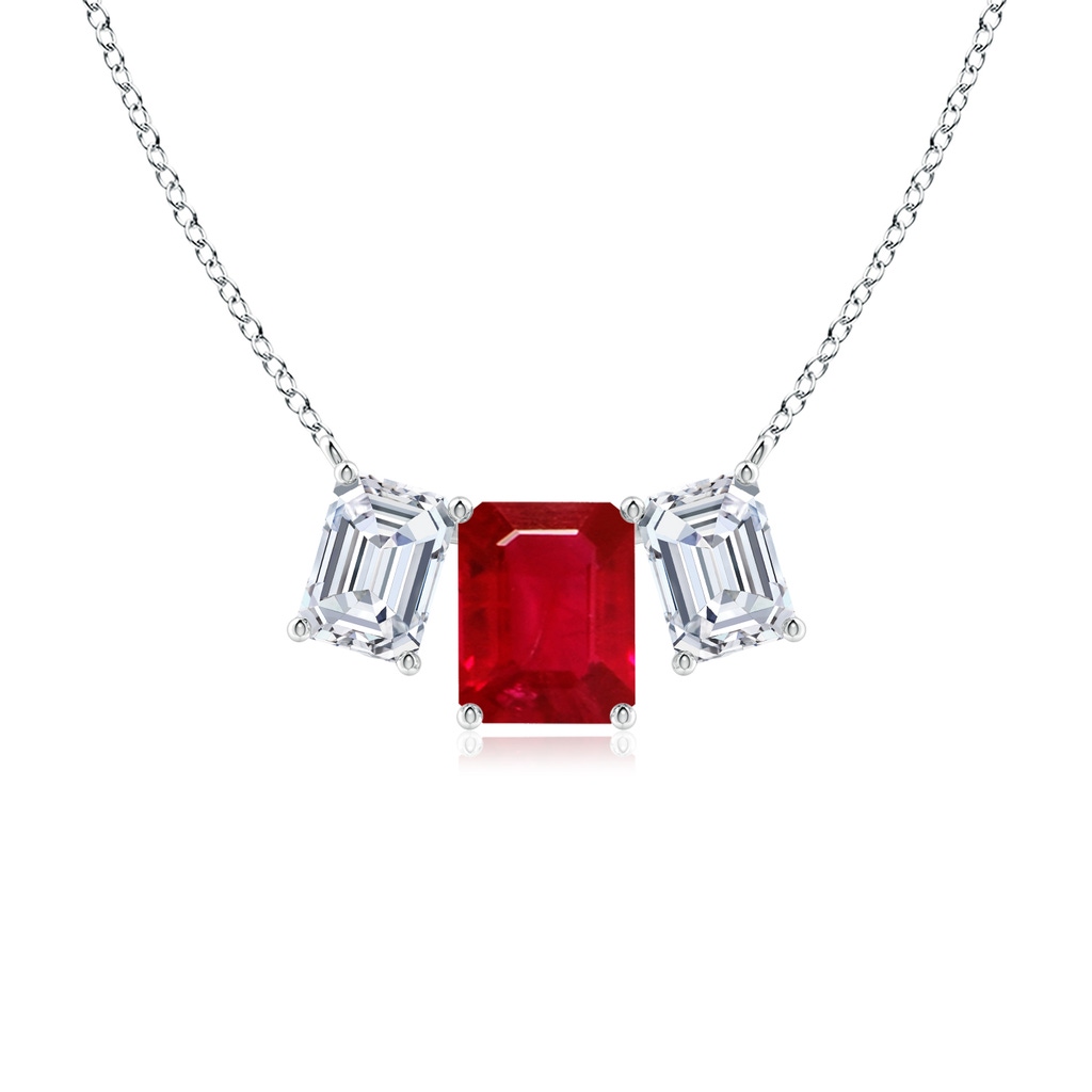 10x8mm AAA Emerald-Cut Ruby Three Stone Pendant in White Gold 