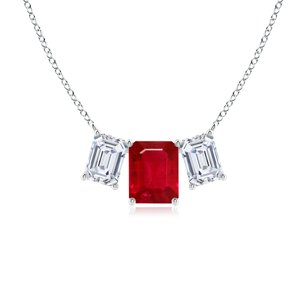 10x8mm AAA Emerald-Cut Ruby Three Stone Pendant in White Gold