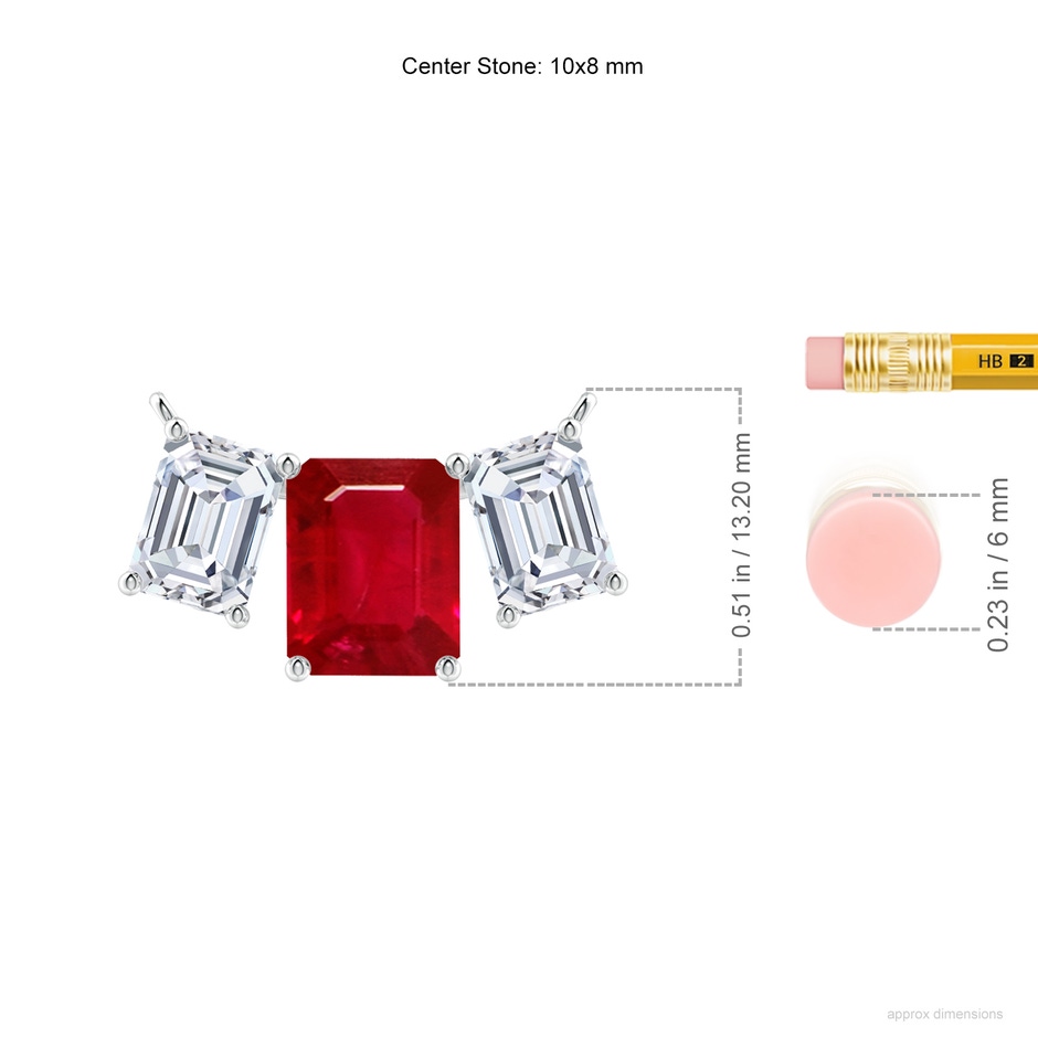 10x8mm AAA Emerald-Cut Ruby Three Stone Pendant in White Gold ruler