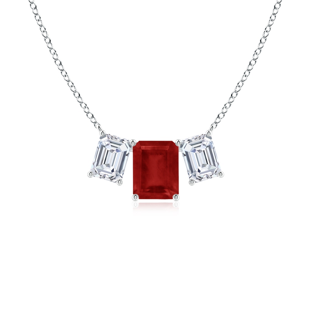 9x7mm AA Emerald-Cut Ruby Three Stone Pendant in White Gold