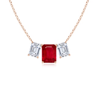 9x7mm AAA Emerald-Cut Ruby Three Stone Pendant in Rose Gold