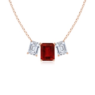 9x7mm AAAA Emerald-Cut Ruby Three Stone Pendant in Rose Gold