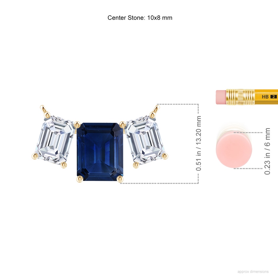 10x8mm AAA Emerald-Cut Blue Sapphire Three Stone Pendant in Yellow Gold ruler