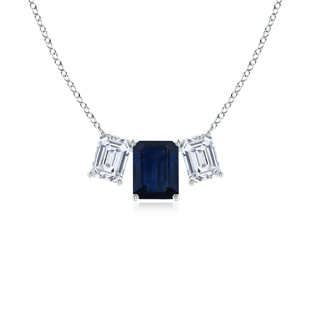 9x7mm AA Emerald-Cut Blue Sapphire Three Stone Pendant in White Gold