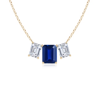 9x7mm Lab-Grown Emerald-Cut Blue Sapphire Three Stone Pendant in Yellow Gold