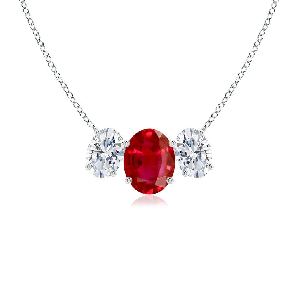 9x7mm AAA Oval Ruby Three Stone Pendant in White Gold